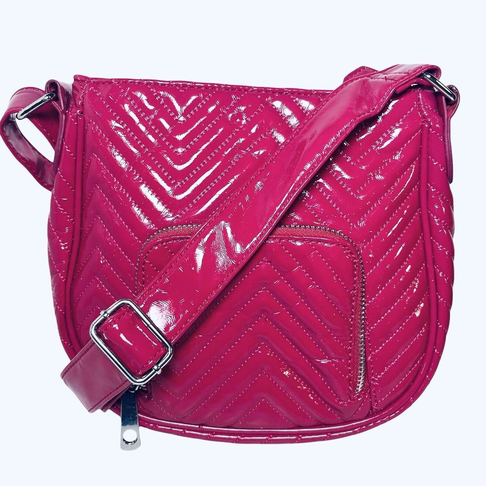 Big Buddha Crossbody‎ Bag Shoulder Tote Bright Pink Faux Patent Leather Chevron